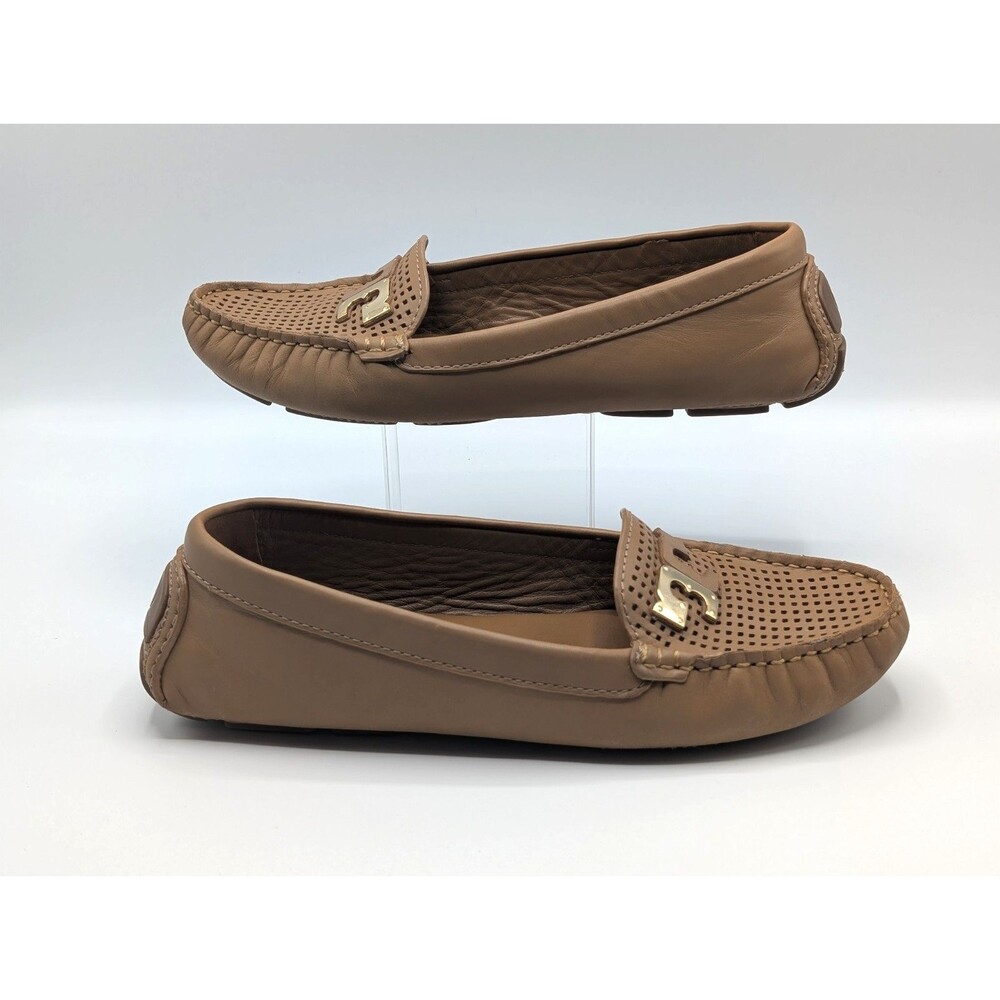 Tory Burch Clara Shoes Women 8 Tan Leather Driving Perforated Flats Loafers Gold